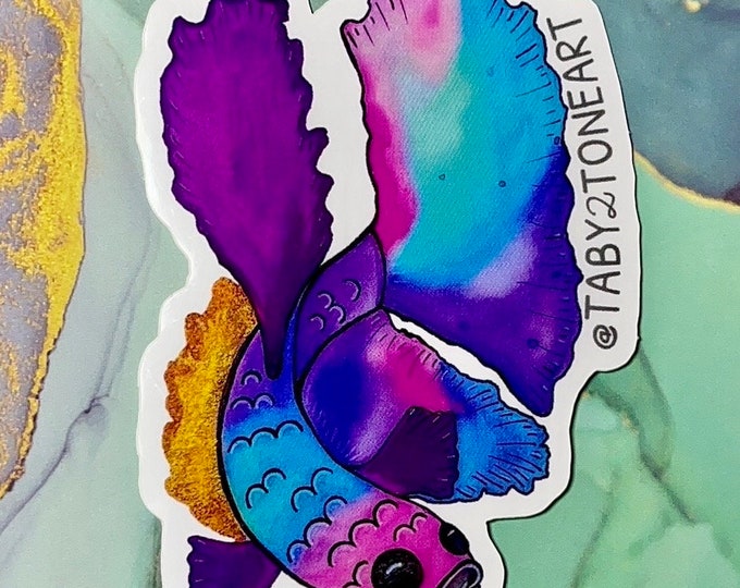 Betta fish sticker, cute sticker art, watercolor painting, hydro flask stickers, car decals, Taby 2 Tone Art