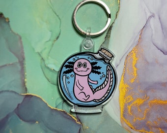 Limited edition axolotl keychain, single sided acrylic keychain, cute and durable, original freehand drawing, axolotl in a bottle