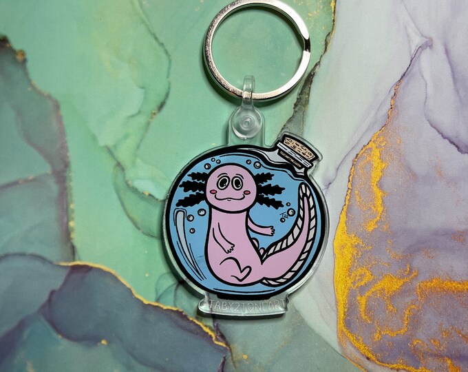 Limited edition axolotl keychain, single sided acrylic keychain, cute and durable, original freehand drawing, axolotl in a bottle