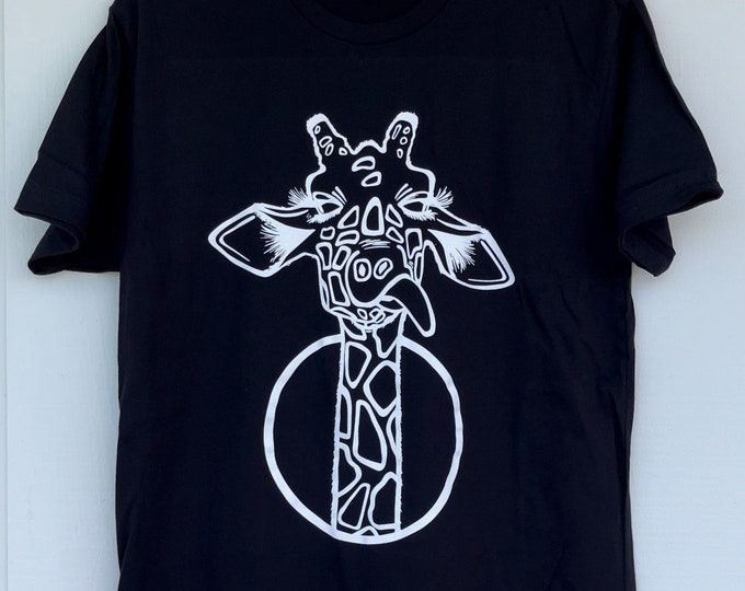 Giraffe shirts, t shirts, adult clothing, screen printed, Oahu Hawaii, unisex,  giraffe art, silly giraffe, original design, Taby 2 Tone Art