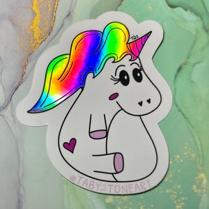 Holographic chubby unicorn sticker, laptop decals, car decals, cute unicorns, rainbow, kawaii, unicorn doodle art, Taby 2 Tone Art