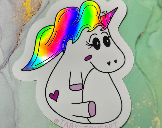 Holographic chubby unicorn sticker, laptop decals, car decals, cute unicorns, rainbow, kawaii, unicorn doodle art, Taby 2 Tone Art