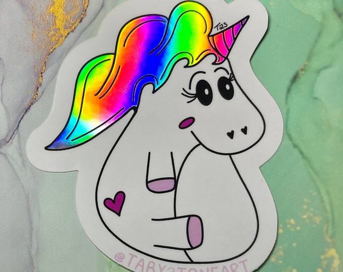 Holographic chubby unicorn sticker, laptop decals, car decals, cute unicorns, rainbow, kawaii, unicorn doodle art, Taby 2 Tone Art