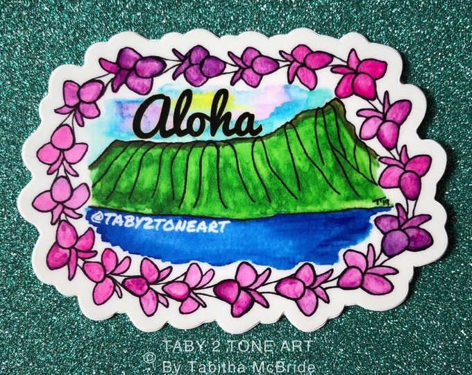 Lei Around Diamond Head Sticker, Hawaii, Aloha, Flower lei, Oahu, Watercolor, Sticker art, Decals, Car, Hydroflask, Ocean, Paradise, Beach