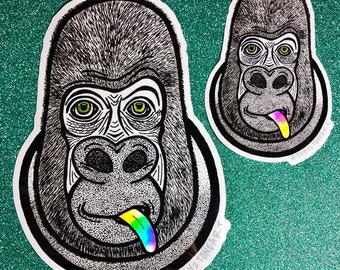 Derk The Gorilla Holographic Stickers, Decals, Car accessories, Laptop stickers, Gorillas, Monkey Art, Sticking tongue, Gift ideas