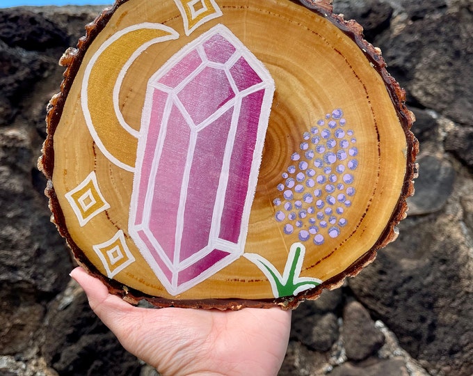 Resin painting on wood slice, pink crystal, lavender, healing vibes, moon and stars, wall decor, wall hangings