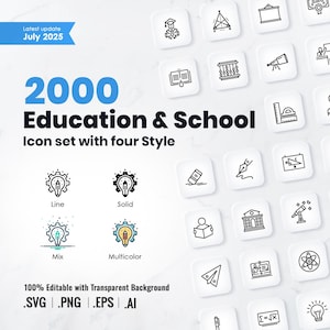 2000 utbildningsikoner, Mega bundle skolikonpaket, lärandeikonpaket, utbildningssvg, png, ikoner, undervisning, samling, kunskapssymbol