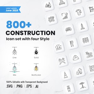 Könnte beinhalten: Eine Sammlung von Bau-Icons in den Stilen Linie, Solid, Mix und Multicolor. Das Bild zeigt über 800 Icons, darunter Werkzeuge, Maschinen und Bauelemente. Text enthält "800+ CONSTRUCTION Icon set with four Style" und "Latest update June 2025".
