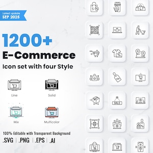 May include: A collection of e-commerce icons in four styles: Line, Solid, Mix, and Multicolor. The image includes icons related to shopping, online transactions, and sales. Text on the image reads "1200+ E-Commerce Icon set with four Style".