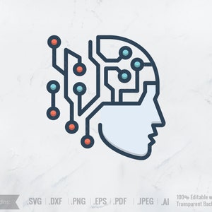 May include: A blue and white line art illustration of a human head with a circuit board inside. The circuit board has red and blue dots.