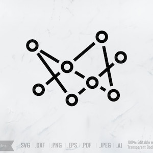 May include: Black and white line art illustration of a network or connection with multiple nodes. The nodes are represented by circles connected by lines.