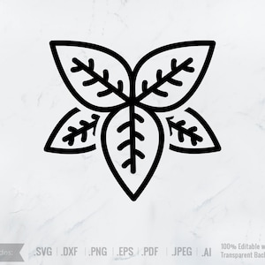 May include: Black and white line art illustration of a stylized flower with four petals. Each petal has a central vein and smaller veins branching out.