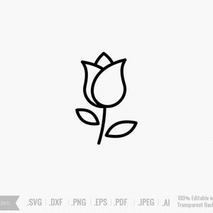 May include: A line drawing of a single rose with a stem and leaves. The rose is stylized and has a simple design.