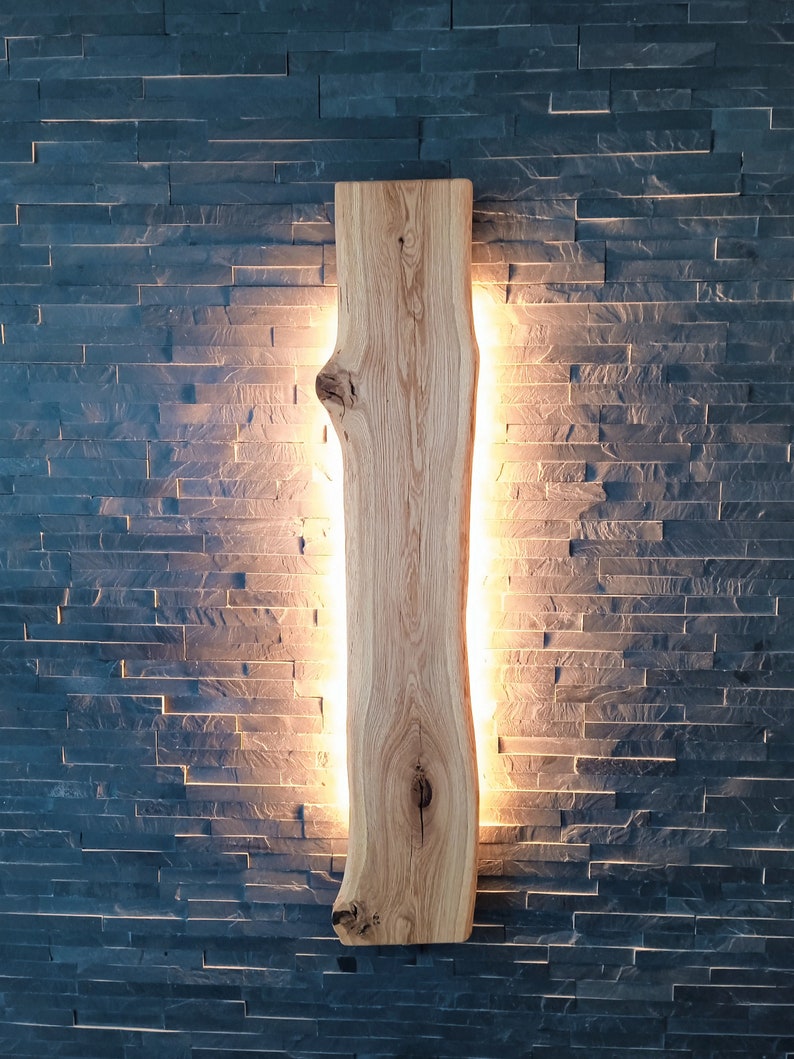 LED wall light made of rustic oak wood with tree edge, unique natural dimmable forest edge image 2