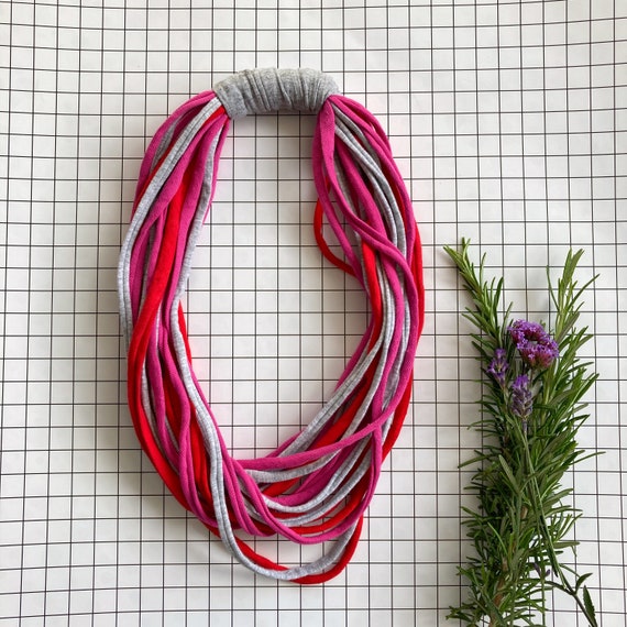 Pink and grey Infinity Necklace - Chunky Statement Jewellery - Recycled Tshirt Yarn - Eco Friendly Jewellery - Boho Fabric Necklace