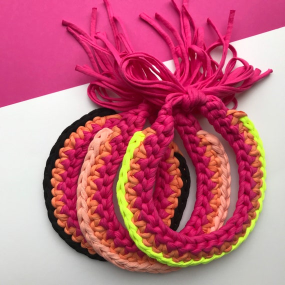 Neon Crochet Collar - Chunky Statement Necklace - Recycled Tshirt Yarn - Eco Friendly Choker - Boho Fabric Jewellery
