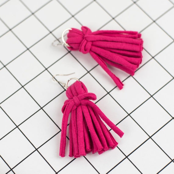 Tassel Fabric Earrings - Chunky Statement Jewellery - Recycled Tshirt Yarn - Eco Friendly Jewellery - Boho Fabric Earrings - Alternative