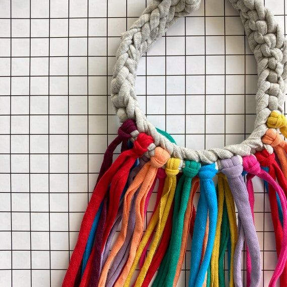 Mermaid Fringed Necklace - Chunky Statement Jewellery - Recycled Tshirt Yarn - Eco Friendly - Boho Fabric Necklace - Rainbow crochet