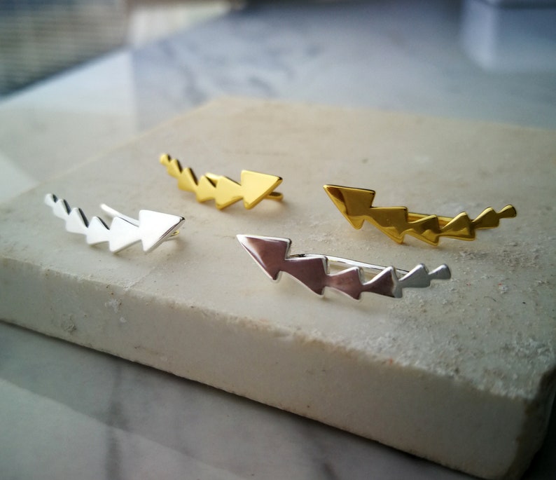 Ear climber triangle gold plated for minimalist women Gold plated silver ear crawlers for her