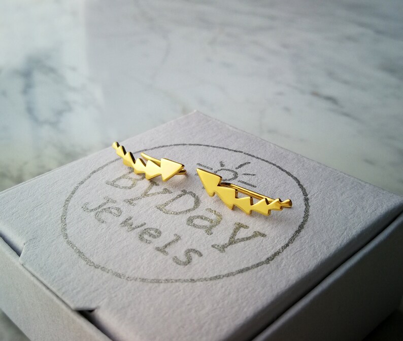 Ear climber triangle gold plated for minimalist women Gold plated silver ear crawlers for her