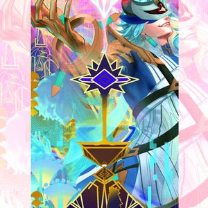 May include: Digital art print featuring a stylized figure with blue hair and a mask, set against a vibrant, colorful background. The artwork includes geometric shapes, a star-like emblem, and a sense of fantasy. The color palette includes blues, purples, and gold.