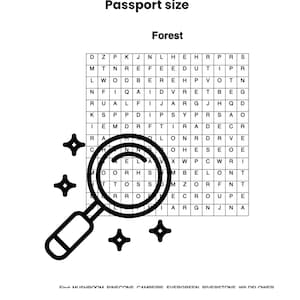 May include: A white passport-sized crossword puzzle book with the title "8 Crosswords for Travellers Notebook". The crossword grid is labeled "Forest" and includes a magnifying glass graphic. The bottom lists words to find.