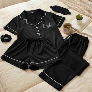 Luxury Satin Pajama Set 5 Piece Personalized  Gift for Her – Bridesmaid Gifts, Custom Name Shirt, Pants, Shorts, Sleep Mask & Scrunchie