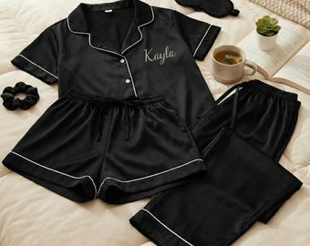 Luxury Satin Pajama Set 5 Piece Personalized  Gift for Her – Bridesmaid Gifts, Custom Name Shirt, Pants, Shorts, Sleep Mask & Scrunchie