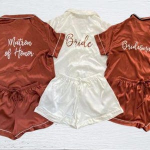 Customized Pajama Set, Bridesmaid PJs, Bridesmaid Gift, Bridal Shower Gift, Terracotta Satin Pjs, Bridesmaid Pyjamas, Wedding Shoot Jammies