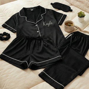 Personalized Satin Sleepwear Set – 5 Piece Custom Name Pajamas with Shorts, Pants, Mask & Scrunchie | Gift for Bridesmaid, Bachelorette PJS