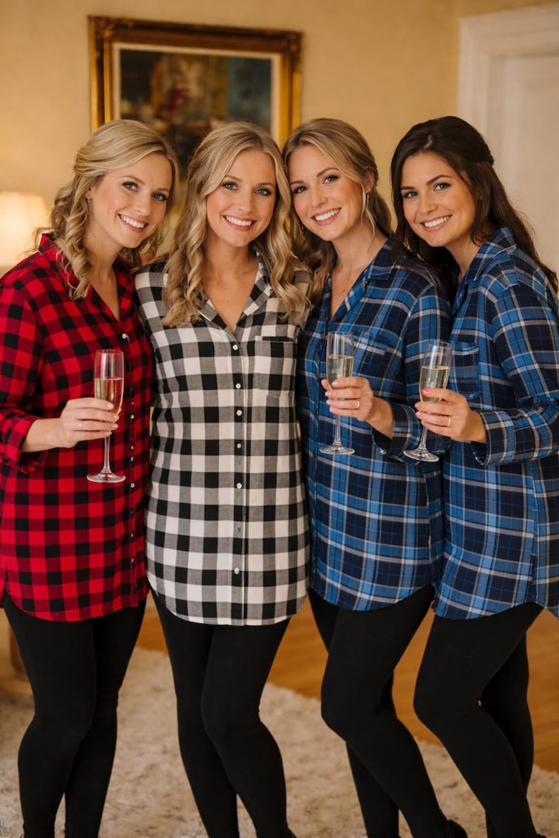 Camisas de franela para damas de honor, pijamas para la fiesta nupcial, conjunto a cuadros para prepararse, novia, dama de honor imagen 9