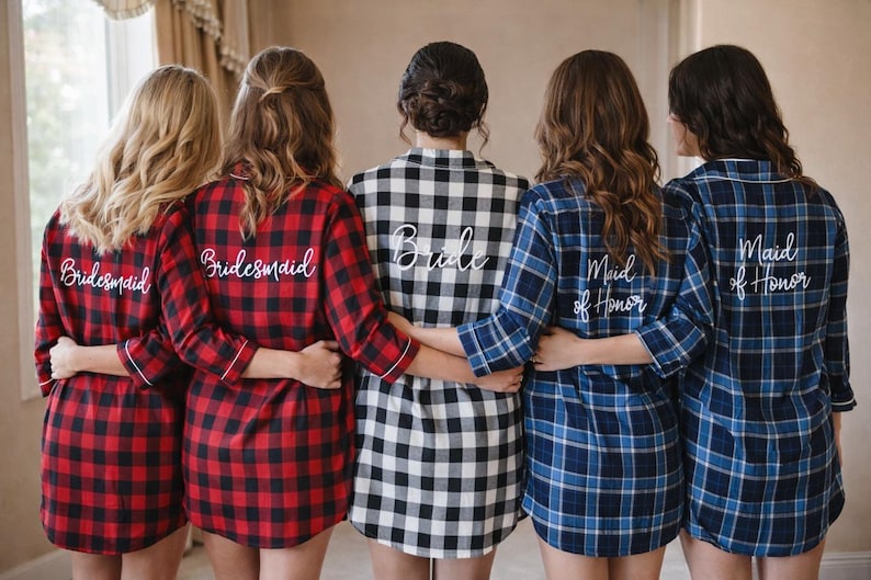 Camisas de franela para damas de honor, pijamas para la fiesta nupcial, conjunto a cuadros para prepararse, novia, dama de honor imagen 2