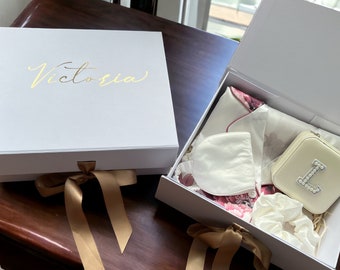 Personalized Proposal Box with Satin Floral Shirt, Sleep Mask, Hair Tie, Jewelry Box, Bridesmaid Gift Box, Matching Lounge Sleeping Set
