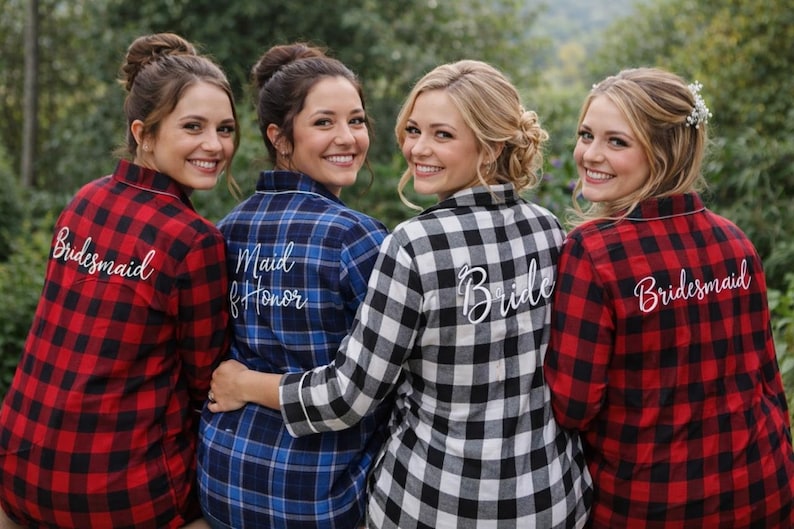 Camisas de franela para damas de honor, pijamas para la fiesta nupcial, conjunto a cuadros para prepararse, novia, dama de honor imagen 1
