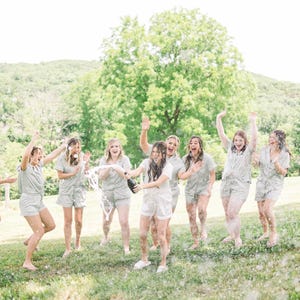 Sage Emerald Green Bridesmaid Pajamas, Bridesmaid Gift, Bridal PJs, Bridal Satin Shorts and Short Sleeve Top with Pockets and White Lining