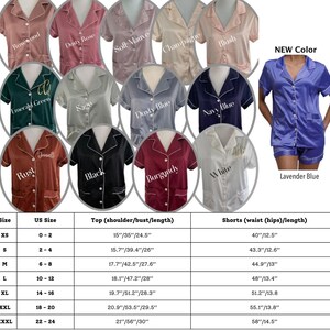 May include: A size chart for satin pajamas with various colors and embroidery options. The chart shows sizes XS to XXXL, with corresponding US sizes and measurements for the top and shorts in inches.