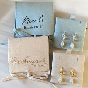 Bridesmaid Gift, 18k Plated Gold Earrings, Bridesmaid Jewelry, Bridesmaid Pearl Earrings Custom Engraved Suede Pouch, Maid of Honor Earrings