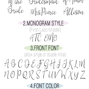 May include: A customizable wedding or bridal party sign with options for personalization. The sign includes a list of titles, monogram styles, font options, and font colors.