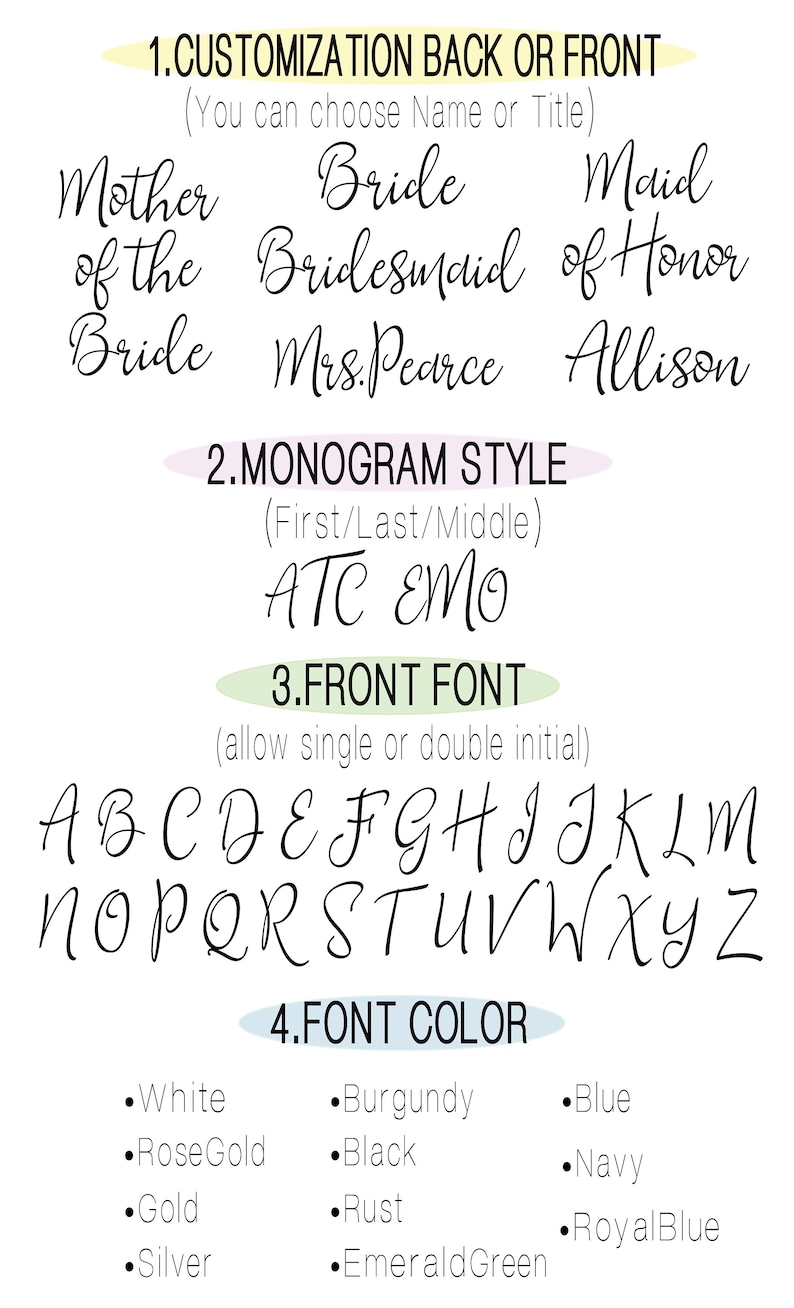 May include: A customizable wedding or bridal party sign with options for personalization. The sign includes a list of titles, monogram styles, font options, and font colors.