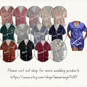 May include: A selection of satin pyjama sets in colours such as Rosewood, Dusty Rose, Emerald Green, Sage, Dusty Blue, Navy Blue, Rust, Black, Burgundy, and White. Each set includes a short-sleeved top and shorts. A Lavender Blue pyjama set is also shown.