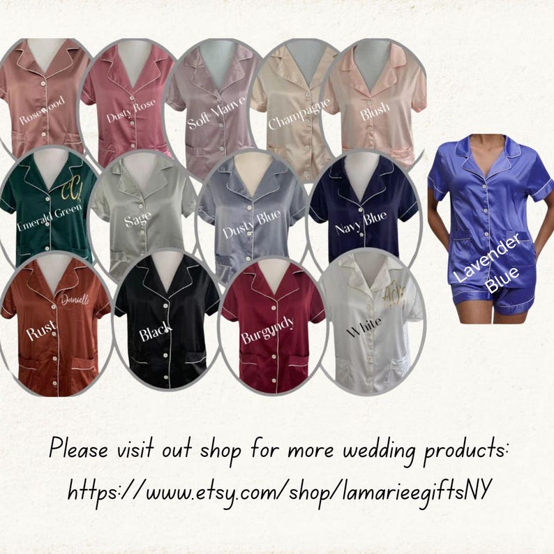 May include: A selection of satin pyjama sets in colours such as Rosewood, Dusty Rose, Emerald Green, Sage, Dusty Blue, Navy Blue, Rust, Black, Burgundy, and White. Each set includes a short-sleeved top and shorts. A Lavender Blue pyjama set is also shown.