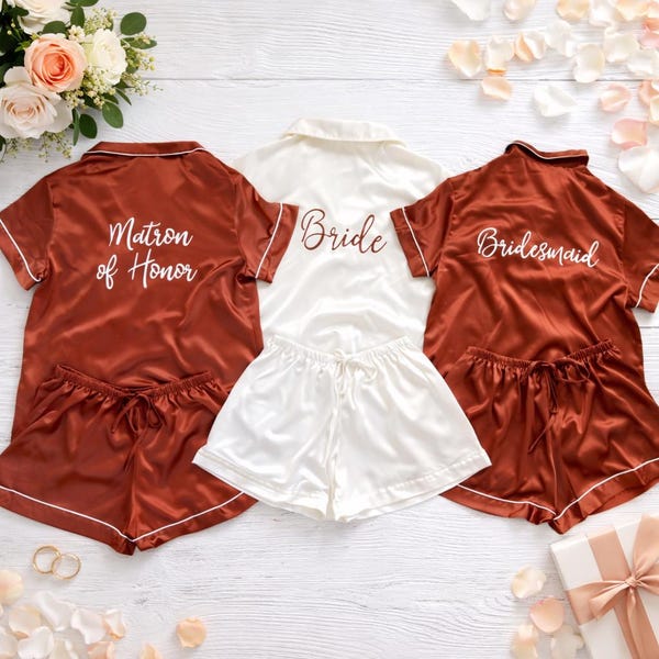 Customized Pajama Set, Bridesmaid PJs, Bridesmaid Gift, Bridal Shower Gift, Terracotta Satin Pjs, Bridesmaid Pyjamas, Wedding Shoot Jammies