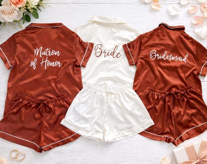 Customized Pajama Set, Bridesmaid PJs, Bridesmaid Gift, Bridal Shower Gift, Terracotta Satin Pjs, Bridesmaid Pyjamas, Wedding Shoot Jammies