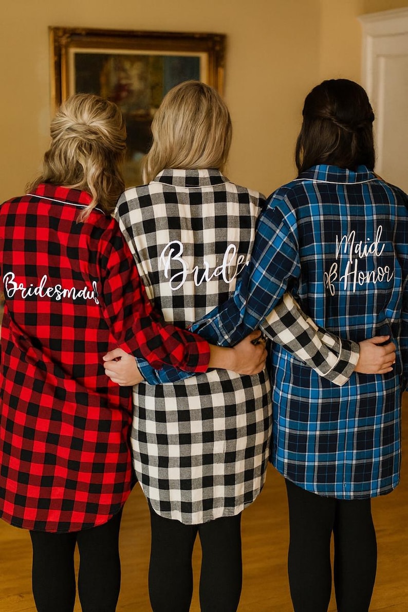 Camisas de franela para damas de honor, pijamas para la fiesta nupcial, conjunto a cuadros para prepararse, novia, dama de honor imagen 7