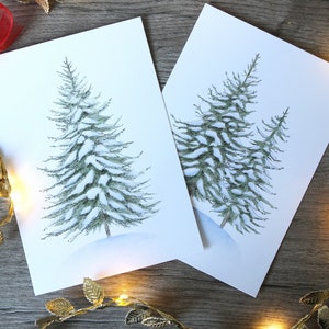 Cartes de Noël en pin, cartes de Noël à l’aquarelle faites à la main, 4 cartes de Noël en pin, ensemble de cartes de Noël en pin, bel arbre de cartes de Noël