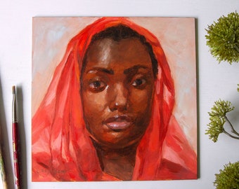 Original oil painting portrait of a young African woman, oil painting of a veiled African woman, African woman art,