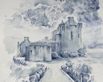 May include: A watercolor painting of a stone castle with a gray and blue color scheme. The castle is set against a backdrop of a cloudy sky. The painting is done in a realistic style.