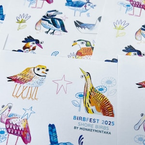 Birbs de rivage | Feuille d'autocollants A6 Birbfest 2025 | Stickers oiseaux pour carnets, agendas et stylos