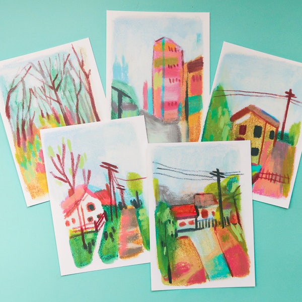 Neon Houses Postcards | Set of 5 | Sketchbook Postcards | Illustrated Postcards | Postcard Prints | Art Gifts | Sketchbook Prints