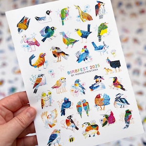 Hoja de pegatinas A5 Birbfest 2025 / Pegatinas de pájaros pintadas a mano / Pegatinas de naturaleza para diarios, agendas y amigos por correspondencia
